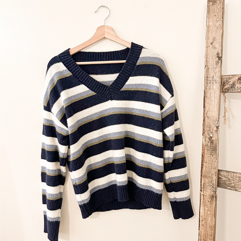 Blue green and white sweater
